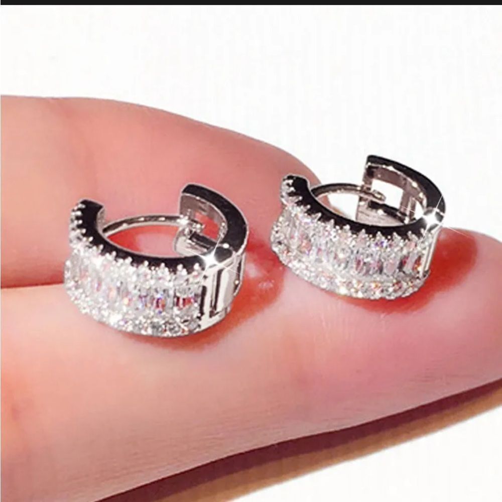 - 18k White Gold Baguette Cz Diamond Huggies